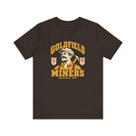 Goldfield Miners Premium Lightweight T-Shirt in brown with the Goldfield Miners logo, a mustached miner with a candle on his cap and a pickaxe on his shoulder on the front