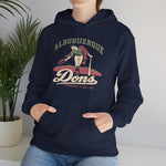 Albuquerque Dons Hoodie in navy with the Albuquerque Dons logo, a caped ballplayer bowing with his hat swept off in front of pink mountains, with Dons in cream script on the front, worn by model