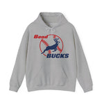 Bend Bucks Hoodie in sport grey with the Bend Bucks logo, a leaping buck over a red-stitched baseball on the front