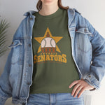 Phoenix Senators Heavyweight T-Shirt in military green with the Phoenix Senators logo, a baseball as the capitol dome in front of a gold star on the front, worn by model
