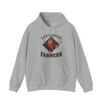 Las Cruces Farmers Hoodie in sport grey with the Las Cruces Farmers logo, a red chile pepper pitcher in a high-kick windup on a brown diamond, with Farmers in brown block letters on the front