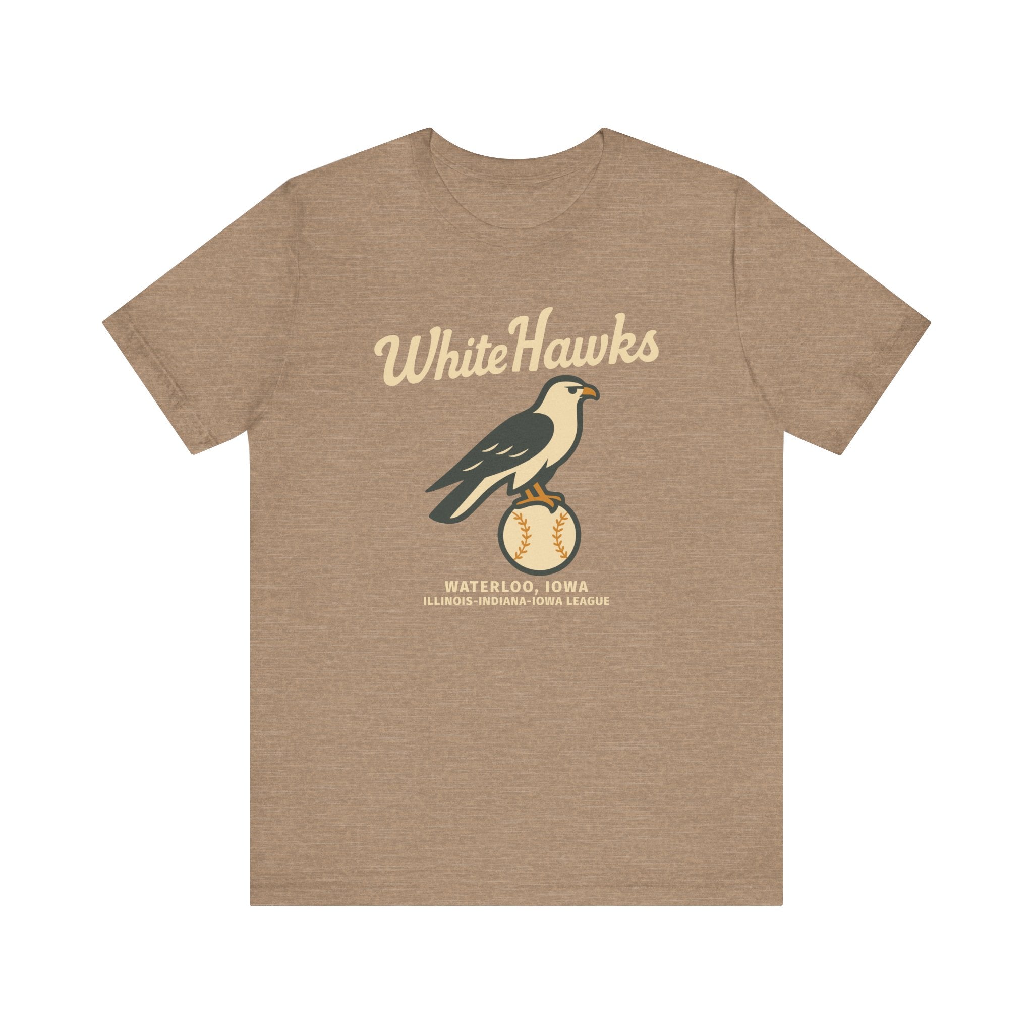 Vintage Waterloo White Hawks T-shirt in beige with bird and baseball graphic, soft lightweight Bella Canvas fabric.