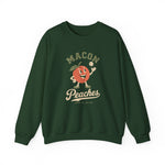 Macon Peaches Crewneck Sweatshirt in forest green with the cartoon peach mascot tossing a baseball on the front