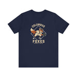 Columbus Foxes Premium Lightweight T-Shirt in navy with the orange cartoon fox mascot fielding a glove on the front