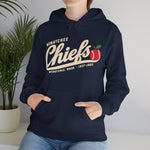 Wenatchee Chiefs Hoodie in navy with the Wenatchee Chiefs logo, script lettering with an apple stitched like a baseball on the front, worn by model