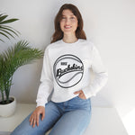 Boise Buckskins Crewneck Sweatshirt in white with the Boise Buckskins logo, script lettering across a stitched baseball on the front, worn by model