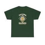 Tacoma Daisies Heavyweight T-Shirt in forest green with the Tacoma Daisies logo, a daisy inside a diamond with a mountain peak above on the front