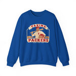 Yakima Packers Crewneck Sweatshirt in royal with the Yakima Packers logo, a ballplayer holding a bat and a crate of apples on the front