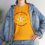 Tri-City Atoms Heavyweight T-Shirt in gold with the Tri-City Atoms logo, a baseball at the center of a yellow atom with orbiting electrons on the front, worn by model