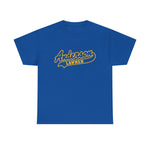 Anderson Lawmen Heavyweight T-Shirt in royal with the Anderson Lawmen logo, gold script lettering with a tail swoosh on the front