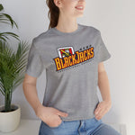 Reno BlackJacks Premium Lightweight T-Shirt in athletic heather with the Reno BlackJacks logo, a Jack of Spades holding a bat above slanted BlackJacks lettering on the front, worn by model