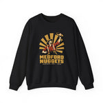 Medford Nuggets Crewneck Sweatshirt in black with the Medford Nuggets logo, a gold prospector catching a baseball in his pan on the front