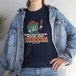 Miami Miners Heavyweight T-Shirt in navy with the Miami Miners logo, a smiling ore cart holding a bat on a mine track on the front, worn by model