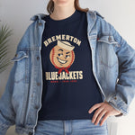 Bremerton Bluejackets Heavyweight T-Shirt in navy with the Bremerton Bluejackets logo, a smiling baseball in a sailor cap and red neckerchief on the front, worn by model