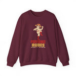 Providence Rubes Crewneck Sweatshirt in maroon with the Providence Rubes logo, a 1920s pitcher in a straw farmer's hat with a stalk of wheat in his teeth at the top of his leg kick, over Providence Rubes 1926 Champions on the front