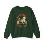 Woonsocket Trotters Crewneck Sweatshirt in forest green with the Woonsocket Trotters logo, a harness racing driver in a baseball cap behind a trotting horse, the sulky wheel drawn as a baseball on the front