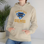 Klamath Falls Gems Hoodie in sand with the Klamath Falls Gems logo, a blue diamond gem with baseball stitching on the front, worn by model