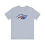 Blue Mountain Bears Premium Lightweight T-Shirt in light blue with the Blue Mountain Bears logo, a snarling bear below a red mountain peak on the front