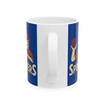 White ceramic Greenville Spinners baseball mug with blue design, C-handle, available in 11oz and 15oz sizes