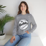 Boise Buckskins Crewneck Sweatshirt in sport grey with the Boise Buckskins logo, script lettering across a stitched baseball on the front, worn by model