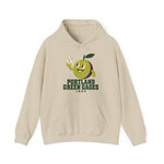 Portland Green Gages Hoodie in sand with the Portland Green Gages logo, a cartoon green plum tossing a baseball on the front