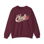 Wenatchee Chiefs Crewneck Sweatshirt in maroon with the Wenatchee Chiefs logo, script lettering with an apple stitched like a baseball on the front
