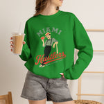 Miami Hustlers Crewneck Sweatshirt in irish green with the mustached man in a striped vest holding playing cards and a bat on the front, worn by model