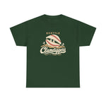 Seattle Clamdiggers Heavyweight T-Shirt in forest green with the Seattle Clamdiggers logo, a clam shell made from a baseball half-buried in a tide flat on the front