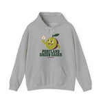 Portland Green Gages Hoodie in sport grey with the Portland Green Gages logo, a cartoon green plum tossing a baseball on the front