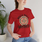 Walla Walla Sharpshooters Premium Lightweight T-Shirt in red with the Walla Walla Sharpshooters logo, a bullseye target crossed by baseball stitching on the front, worn by model