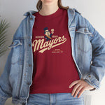 Jackson - Ionia Mayors Heavyweight T-Shirt in cardinal red with the top hatted mayor character in a navy suit tossing a baseball on the front, worn by model