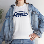 Grays Harbor Loggers Heavyweight T-Shirt in white with the Grays Harbor Loggers logo, script lettering with a tail swash on the front, worn by model