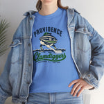 Providence Clamdiggers Heavyweight T-Shirt in carolina blue with the Providence Clamdiggers logo, a quahog clam character in a green cap raking a Narragansett Bay mudflat, with Clamdiggers in green script on the front, worn by model