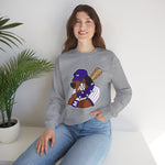 Merrillville Muddogs Crewneck Sweatshirt in sport grey with the Merrillville Muddogs logo, a snarling bulldog in a purple cap holding a bat on the front, worn by model