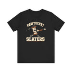 Pawtucket Slaters Premium Lightweight T-Shirt in black with the Pawtucket Slaters logo, a cotton mill bobbin character in a ball cap swinging a bat, with a loose thread trailing behind on the front
