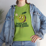 Portland Green Gages Heavyweight T-Shirt in kiwi with the Portland Green Gages logo, a cartoon green plum tossing a baseball on the front, worn by model