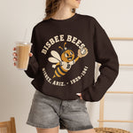 Bisbee Bees Crewneck Sweatshirt in dark chocolate with the Bisbee Bees logo, a cartoon bee in a ball cap catching a baseball on the front, worn by model