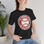 Tri-Cities Triplets Premium Lightweight T-Shirt in black with the Tri-Cities Triplets logo, red lettering circling a baseball on the front, worn by model