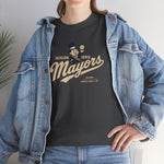 Jackson - Ionia Mayors Heavyweight T-Shirt in dark heather with the top hatted mayor character in a navy suit tossing a baseball on the front, worn by model