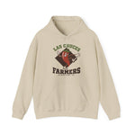 Las Cruces Farmers Hoodie in sand with the Las Cruces Farmers logo, a red chile pepper pitcher in a high-kick windup on a brown diamond, with Farmers in brown block letters on the front