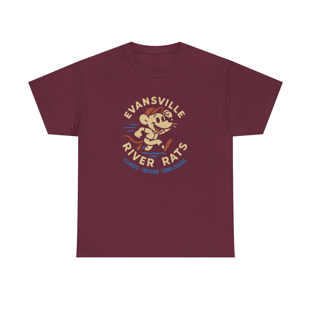 Maroon heavyweight cotton t-shirt with vintage Evansville River Rats baseball team mascot graphic design