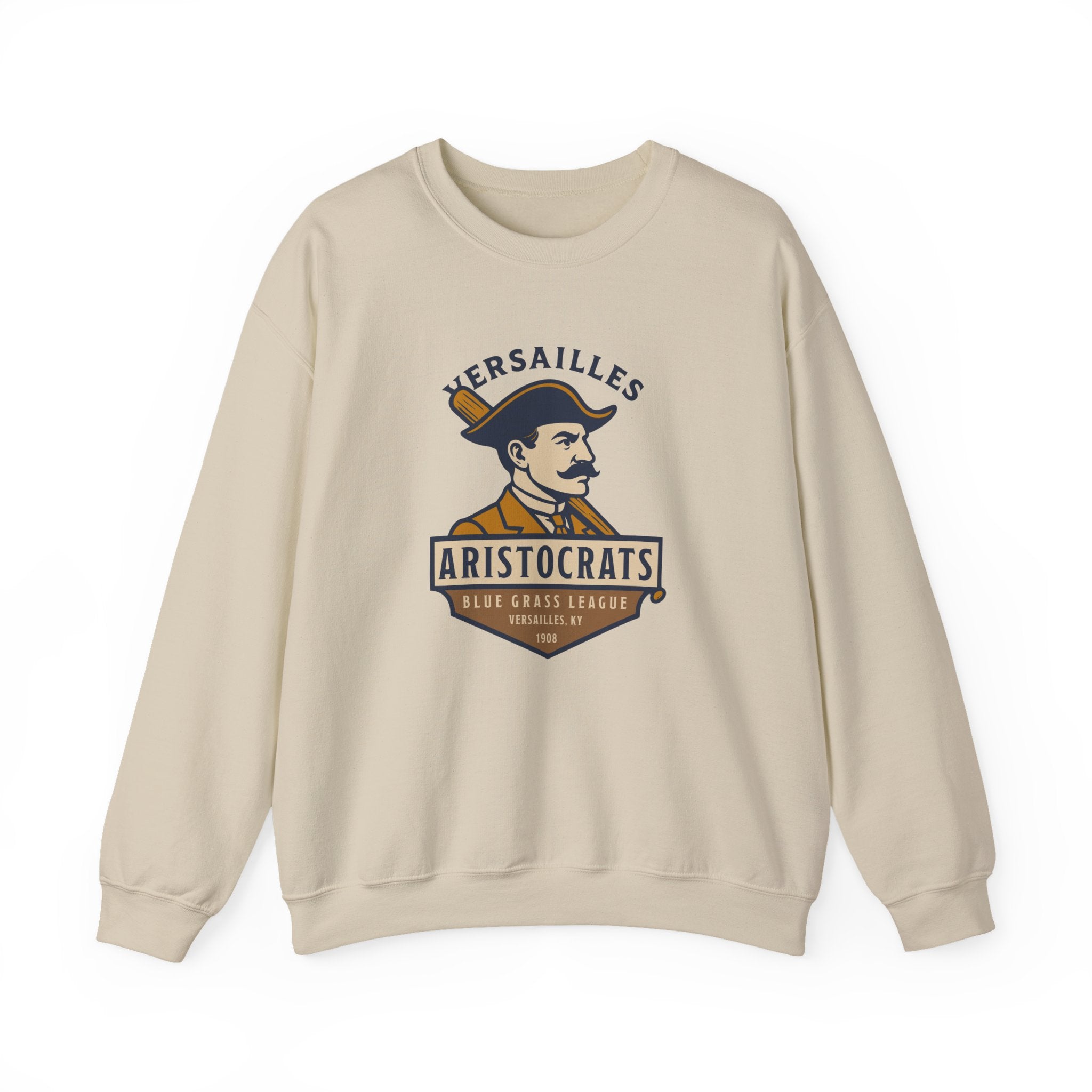 Beige crewneck sweatshirt featuring vintage Versailles Aristocrats baseball team logo from the 1908 Blue Grass League.
