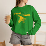 Bend Timber Hawks Crewneck Sweatshirt in irish green with the Bend Timber Hawks logo, a diving gold hawk clutching a baseball on the front, worn by model