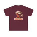 Everett Smokestackers Heavyweight T-Shirt in maroon with the Everett Smokestackers logo, a cartoon smokestack swinging a bat with a trail of smoke on the front
