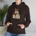 Globe Bears Hoodie in dark chocolate with the Globe Bears logo, a scowling bear cub in a ball cap and glove on the front, worn by model