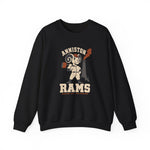 Anniston Rams Crewneck Sweatshirt in black with the Anniston Rams logo, a cartoon ram ballplayer holding a foundry rammer beside a smoking smokestack on the front
