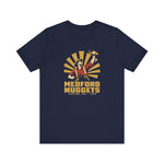 Medford Nuggets Premium Lightweight T-Shirt in navy with the Medford Nuggets logo, a gold prospector catching a baseball in his pan on the front