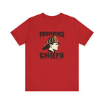 Providence Chiefs Premium Lightweight T-Shirt in red with the Providence Chiefs logo, a fire chief in profile under a leather helmet with a P on the front shield on the front