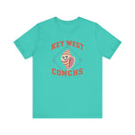 Key West Conchs Premium Lightweight T-Shirt in teal with the grinning striped conch shell mascot inside a teal diamond outline on the front