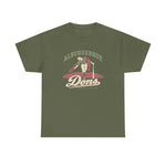 Albuquerque Dons Heavyweight T-Shirt in military green with the Albuquerque Dons logo, a caped ballplayer bowing with his hat swept off in front of pink mountains, with Dons in cream script on the front